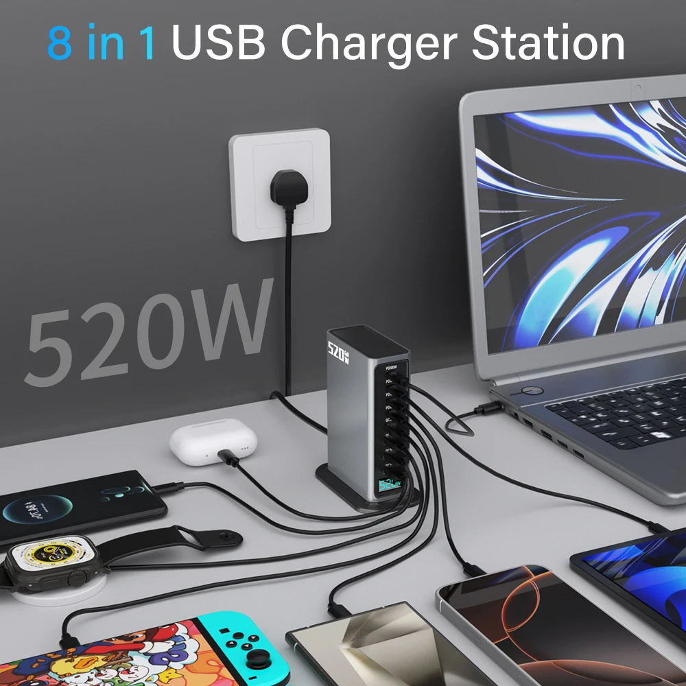 520w-gan-iii-マルチポートusb-c壁掛け充電器、100w-pd-pps急速充電ドック（ノートパソコン、macbook、iphone-17、ipad対応）