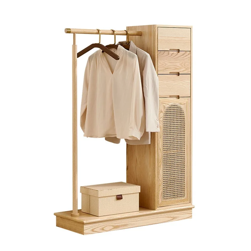 Wabi Sandy wind solid wood floor hanger, Nordic simple bedroom multi-functional Japanese storage rattan coat rack