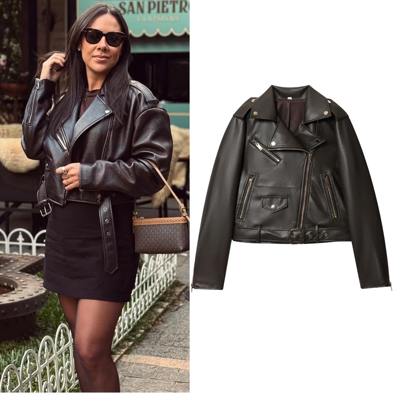 

Женская черная кожаная куртка, короткое пальто, женская куртка из искусственной кожи, женский топ, женский топ с длинным рукавом, куртка для мотоциклиста