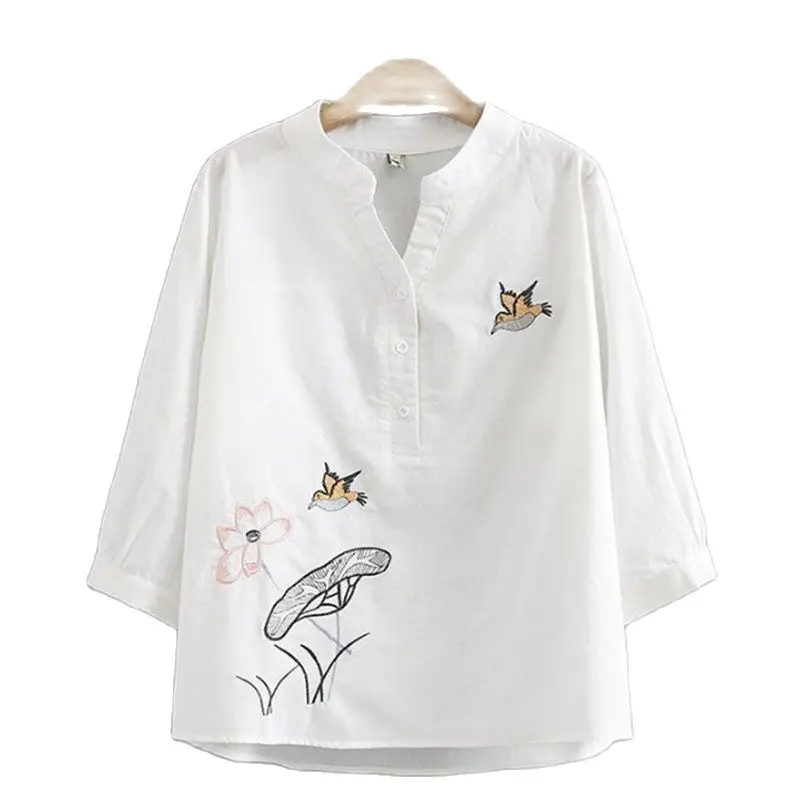 

Plus-Size Women's Summer 2022 Loose, Simple Embroidered Cotton And Linen Shirt Base