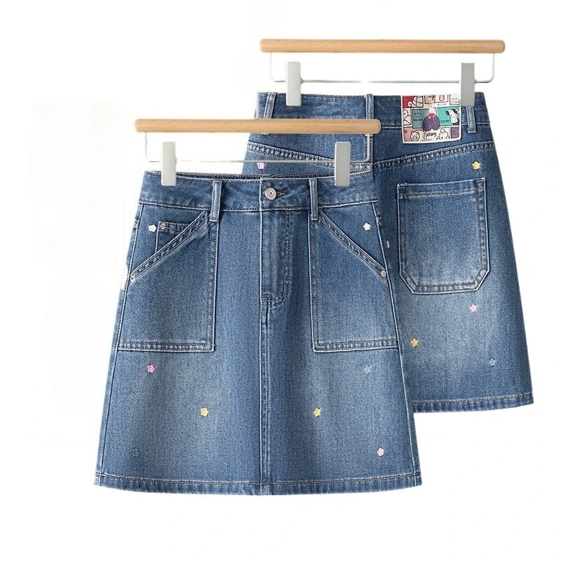 ‌ Falda vaquera bordada de moda para mujer, minifalda de línea A de cintura alta con bolsillos, falda vaquera informal para verano ‌