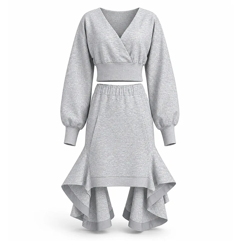 Casual Chic Women Two Piece Set Lantern Sleeve Wrap Crop Top Elastic Waist A Line Ruffle Skirt Fashionable Party Club Outfits