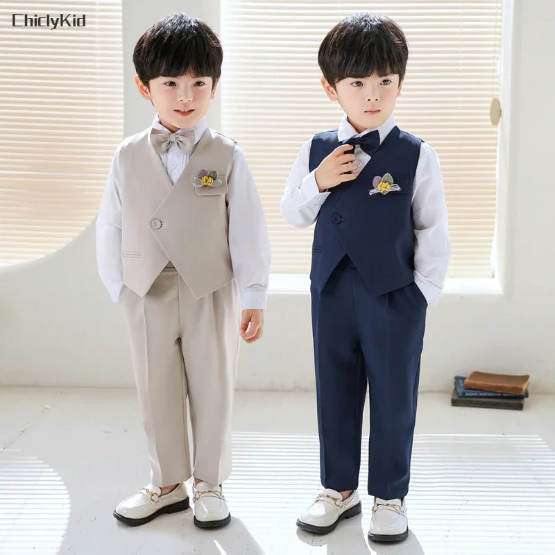 Kids Waistcoat Shirt Bib Pants Overalls Wedding Clothes Set Boys Suit Shorts Vest Suits Children Gentlemen Toddler Formal Dress