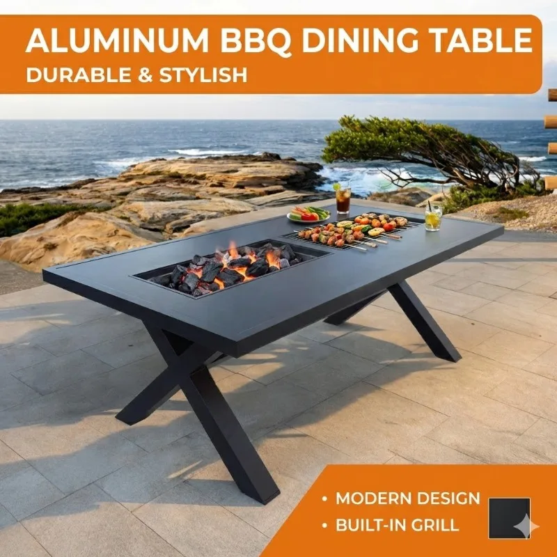 Modern Black Aluminum BBQ Table Dining Table Set Outdoor Garden Patio Furniture for Restaurants, Cafes, Resorts