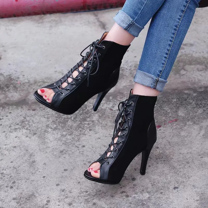 Sexy High Heel Sandals Summer Women's Peep Toe Sandals Black Lace Up Lady Shoes Stilettos Boots Hot Sale Jazz Dance Female Shoes