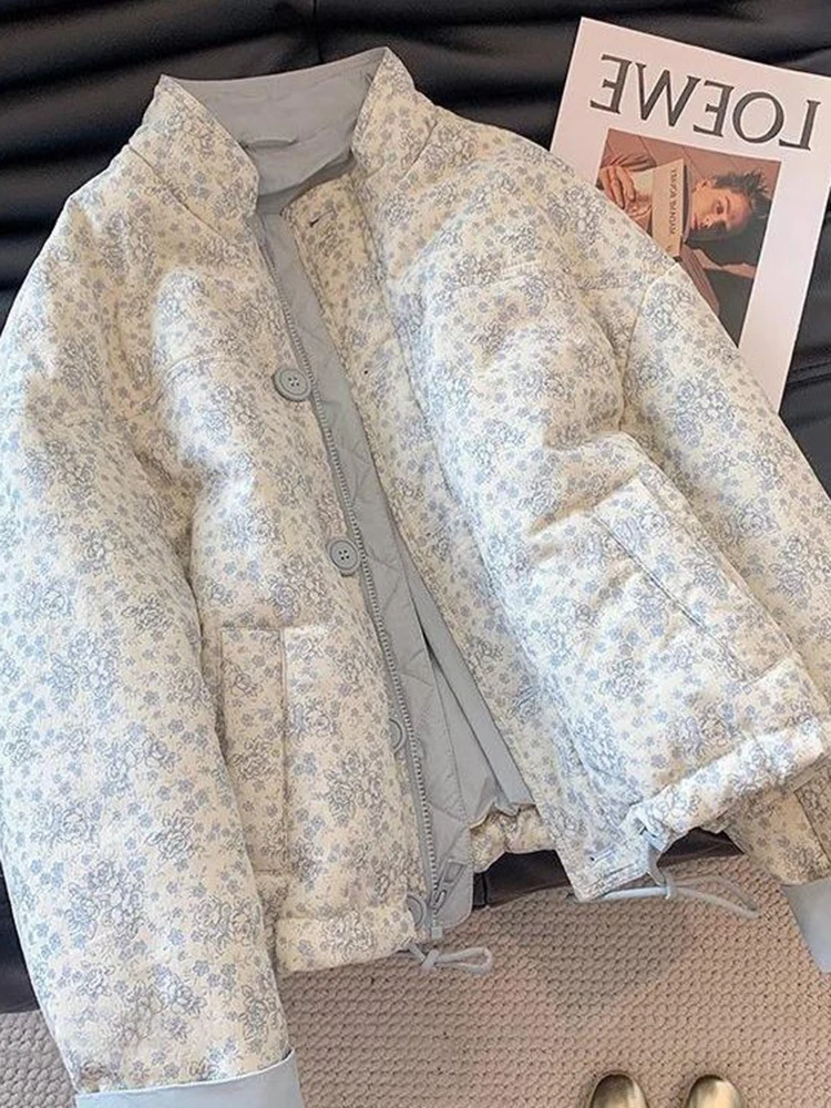 Jmprs Floral Sweet Puffy Parkas Women Vintage Long Sleeve Thick Warm Cotton Jacket Korean Female Winter Stand Collar Cute Coat