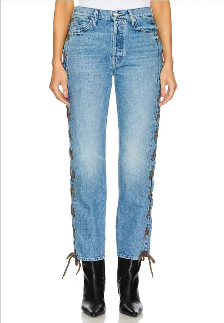 Modieuze, lichtblauwe, casual damesjeans met veters en lage stretch, slim-fit negenpunts rechte jeans