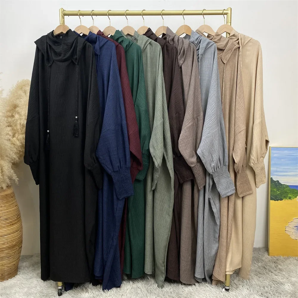 UNI Ramadan Islamische Kleidung Gebet Kebaya Weiches Leinen Hoodie Abaya Kleid mit Unterkappe Muslimische Frauen Abaya Hoodie Lässige Kleider