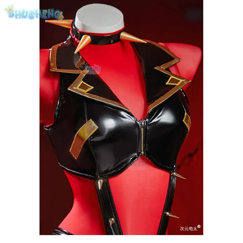 

Трусики и чулки с подвязками, наколенники, карнавальный костюм злодея, сексуальный красный кожаный комбинезон, головной убор, ожерелье, униформа на Хэллоуин