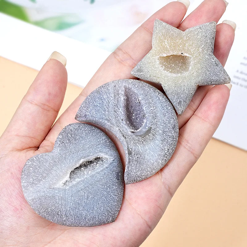 1 pièce Cristal naturel Agate Pierre sculptée lune et étoile Quartz drusy Gemmes Géode Minéraux de jardin Décoration spirituelle Wicca pour la maison