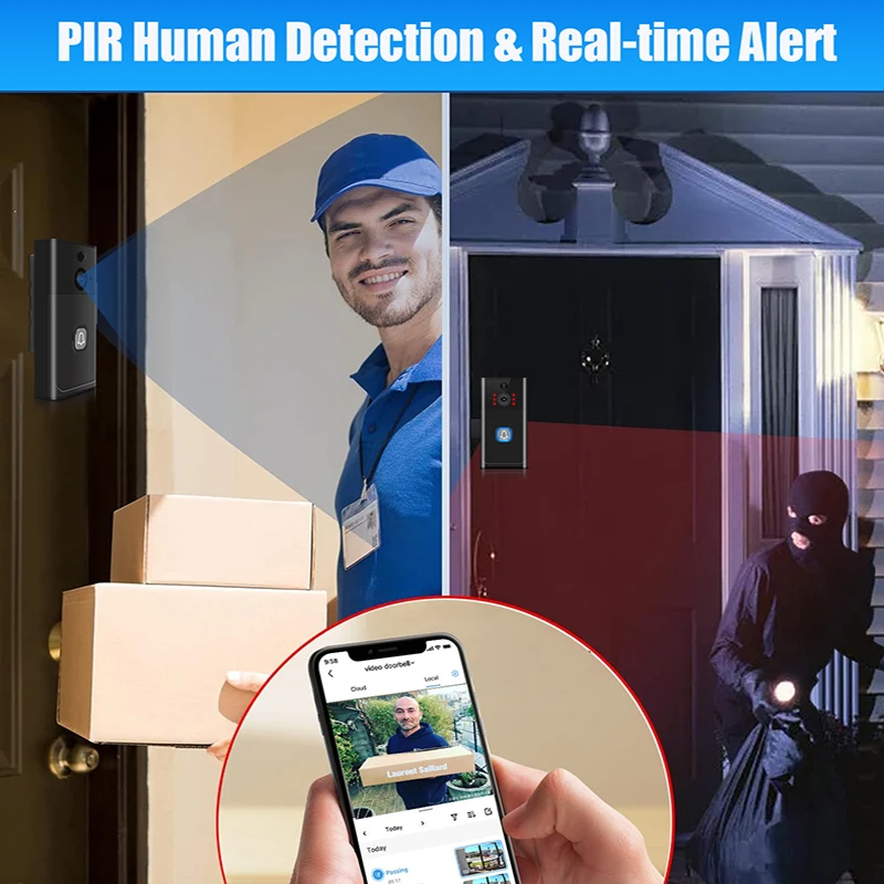 Campanello impermeabile per casa intelligente, telecamera vocale e di sicurezza per citofono wireless, telecamera HD esterna a 2 vie e avvisi in tempo reale