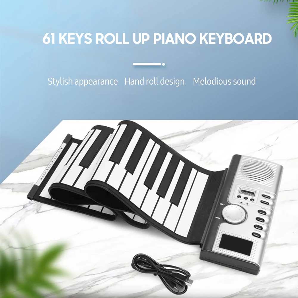 61 Keys Roll Up Piano Keyboard Portable Soft Silicone Electronic Piano with Built-in Speaker LCD Display Recording MIDI Function