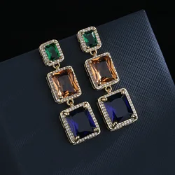 Fashion cube crystal special-shaped colorful treasure earrings zircon high-end earrings S925 silver geometric square earrings