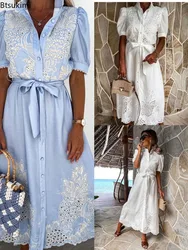 New 2026 Women’s Summer Casual Dress Stand Collar Hollow Out Embroidery Party Dress Single Breasted Lace-up Maxi Dress Beachwear