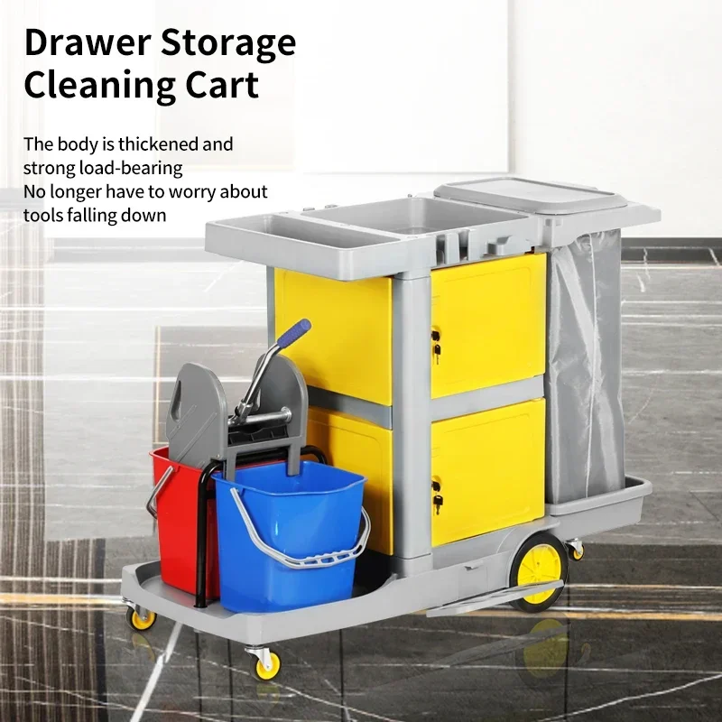 2026 Good Quality Plastic Hand Push Cleaning Carts Hotel Cleaning Service Janitor Cart Trolley With Double Wringer Bucket