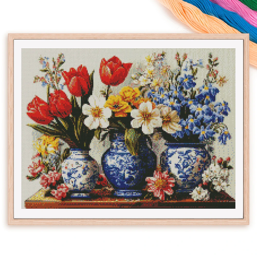 Neues Kreuzstich-Set Tulpe 11ct, Vollständige Stickerei Blumenvase auf Bedruckter Leinwand, Handgemachtes Geschenk