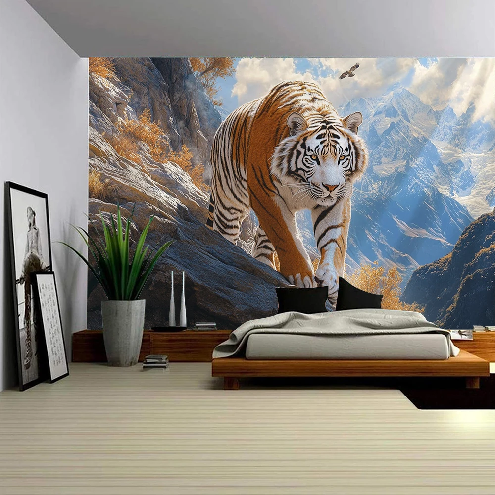 3D majestic tiger overlooking the territory from the mountaintop, home decoration tapestry