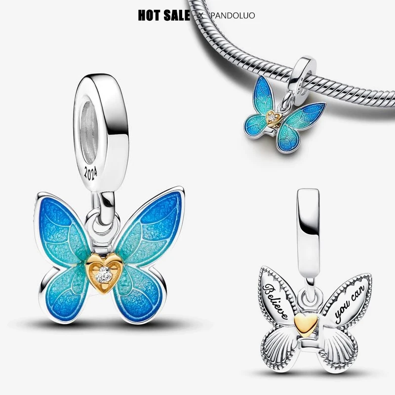 New in Club 2024 Butterfly Dangle Shape Charm Beads Fits Pandora Original Bracelet Necklace Women Pendant Bead DIY Jewelry Gifts