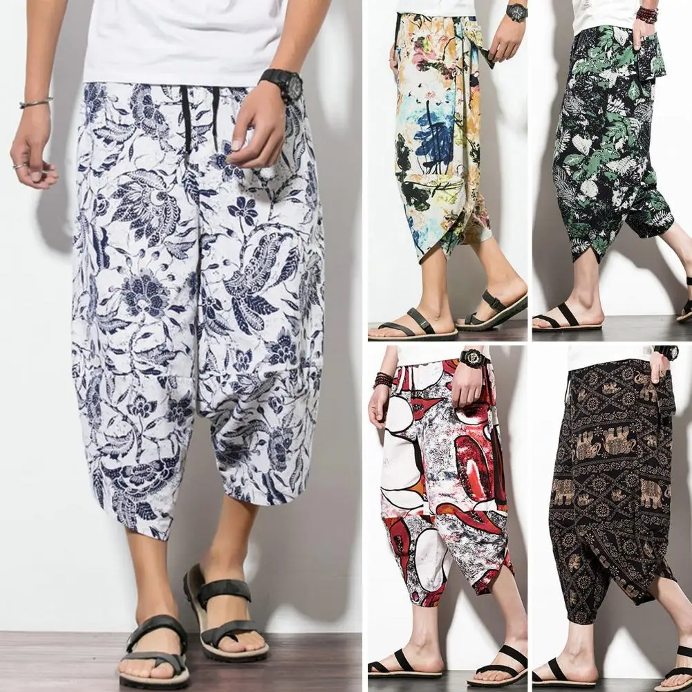 Harajuku Summer Loose Calf Length Casual Pants Men Wide Leg Cotton Linen Printing Baggy Pants Oversize Men\'s Trousers