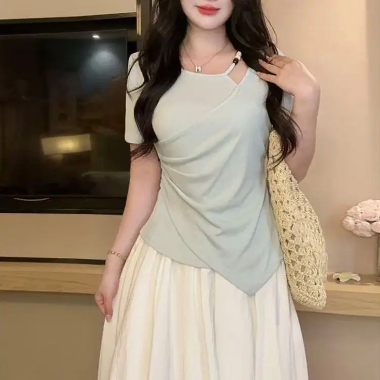 Large size women's clothing spring and summer new solid color inside and outside cross design irregular short-sleeved t-shirt