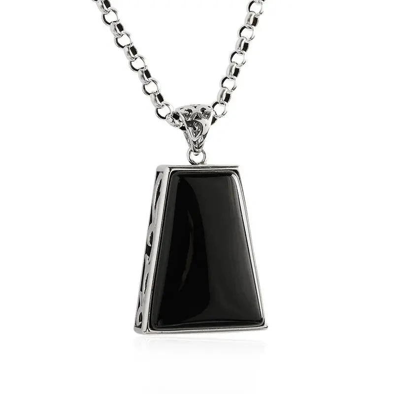 Original design geometric black agate pendant necklace retro domineering creative men and women charm brand silver jewelry