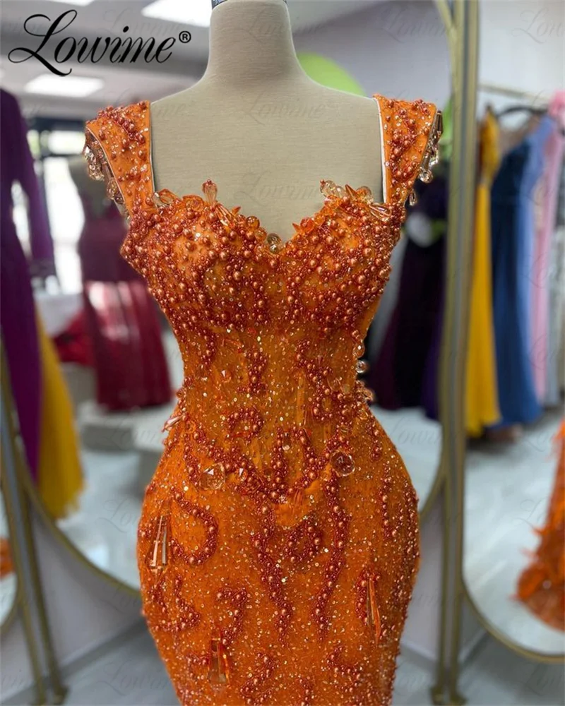 Lowime Orange Mermaid Feathers Evening Gowns Formal Beaded Crystals Arabic Party Drsses For Women 2024 Customized Prom Dresses