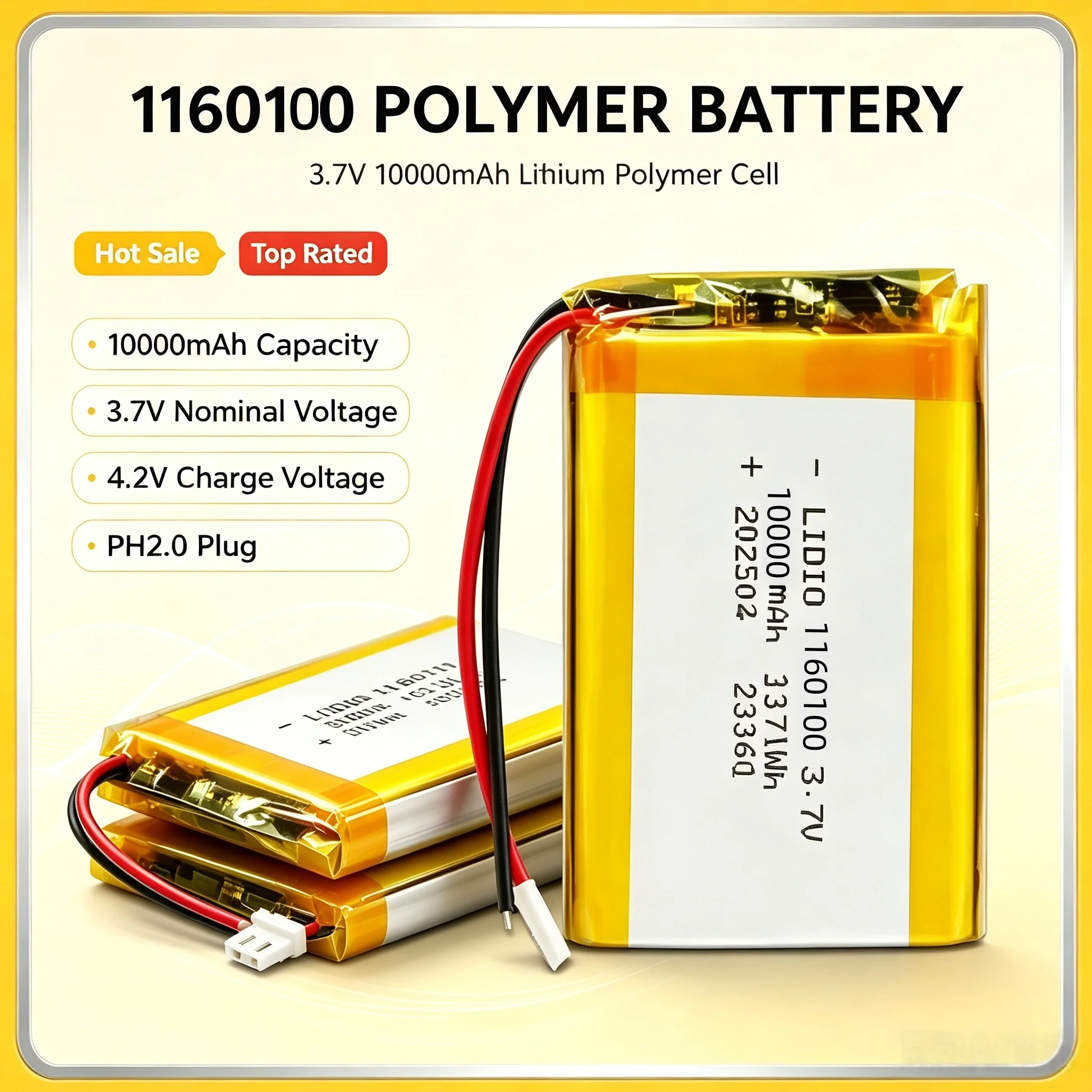 3.7V 10000mAh 1160100 Lithium Polymer Rechargeable Battery PH2.0 Plug 1-10PCS Replacement Li-po Cell DIY Power Bank Portable