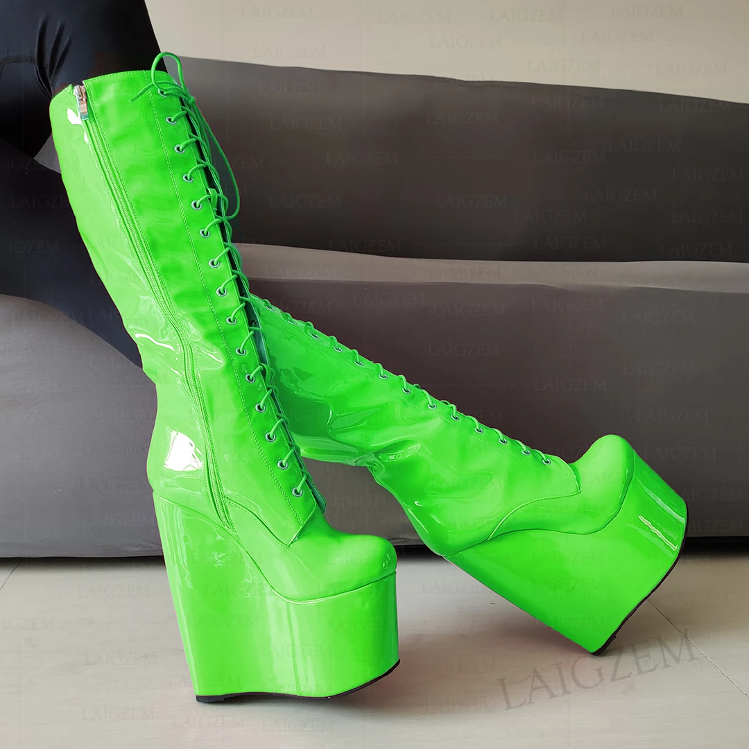 

ZHIMA Women Knee High Boots 20cm High Heels Platform Wedges Side Zip Up Tall Boots Handmade Shoes Woman Big Size 37 41 43 47