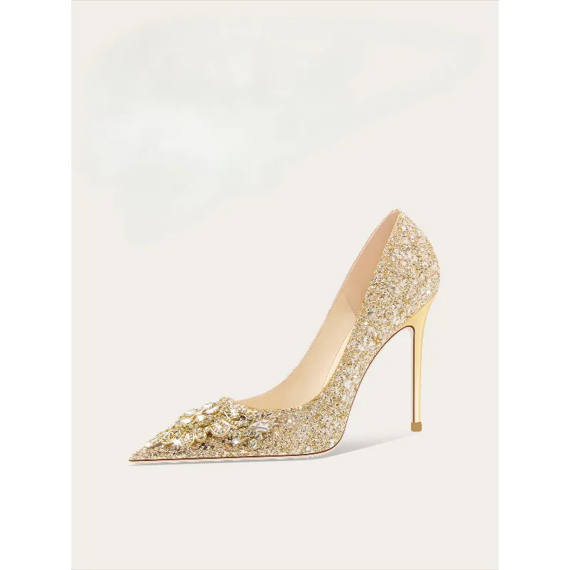 New Elegant Gold Wedding Shoes Women High Heels Crystal Floral Bridal Banquet Shoes