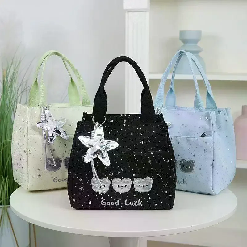 Cute Bear Head Printing Sparkling Star Casual Versatile Large Capacity Tote Bag Travel Commuter Office Worker Lunch Bag