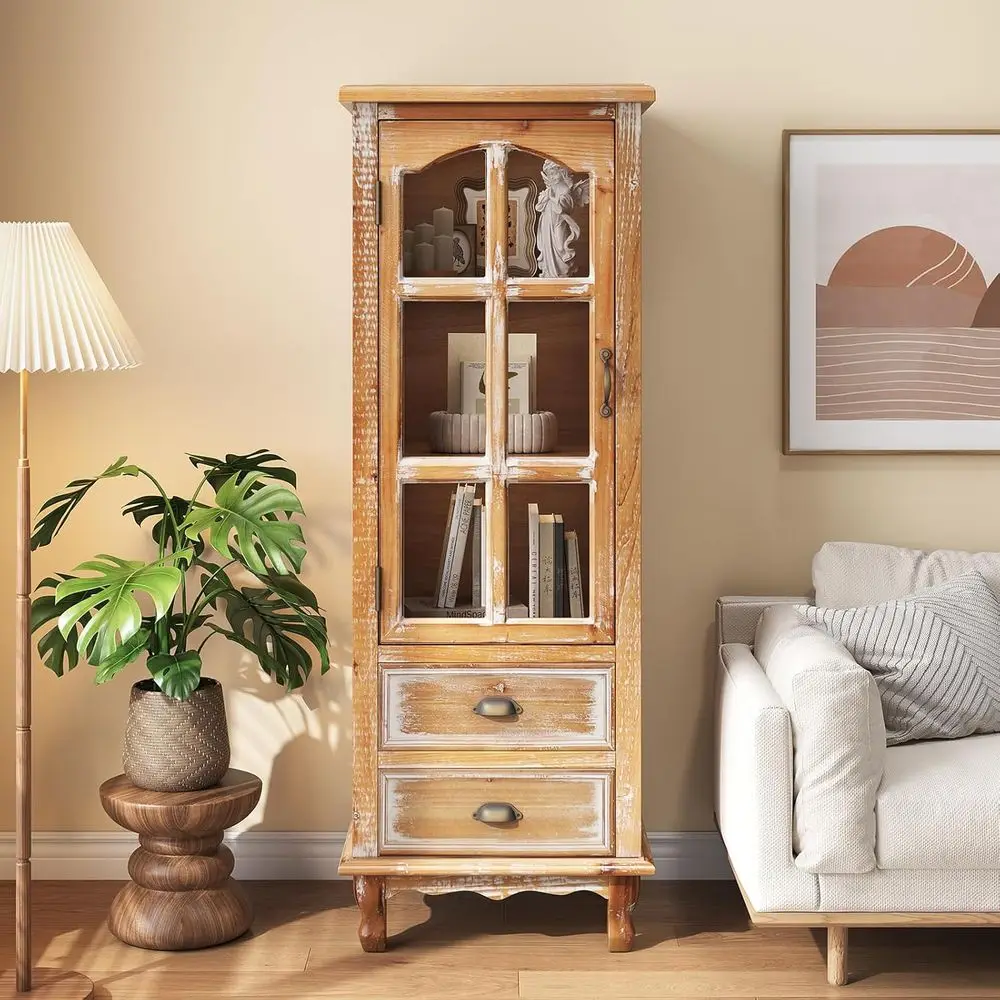 

54.72" H armhouse Storage Cabinet, Rustic Wood Tall Cabinet with Glass Do& 2 Ders, Vintage Distred reestanding Display Cabinet o