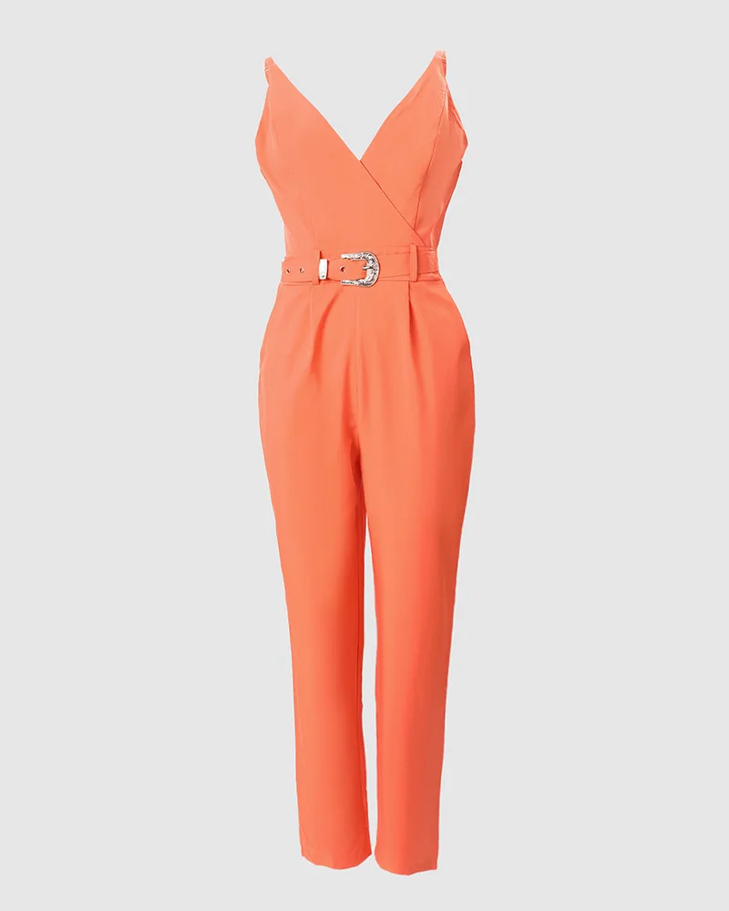 V-Neck Pocket Detail Cami Jumpsuit With Belt Women Overall Pants Spring Summer Sleeveless Solid Color Jumpsuits