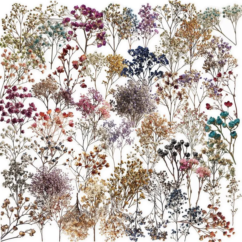 

50Pcs Vintage Dried Baby's Breath Floral PET Stickers Waterproof for Phone Case Skateboard DIY Golden Memory Stickers Store
