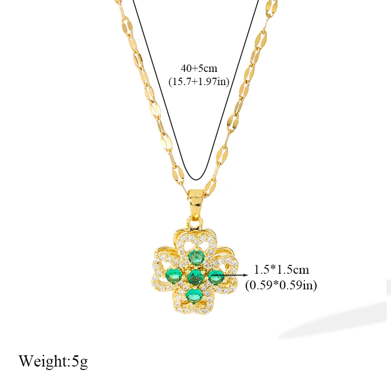 EILIECK New Fashion Stainless Steel Rotating Green Clover Zircon Necklace Bracelet Set For Women Trendy Waterproof Jewelry Gift
