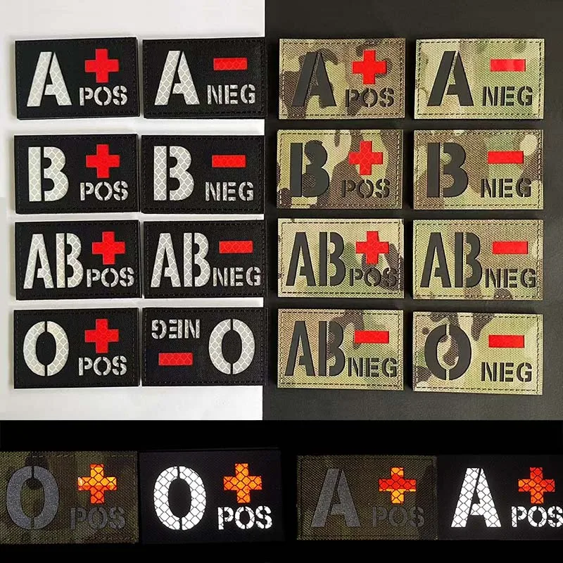 Reflective Blood Type  A B AB O NEG POS Hook and Loop Patches,Military Tactical Badges Stickers Infrared in the dark