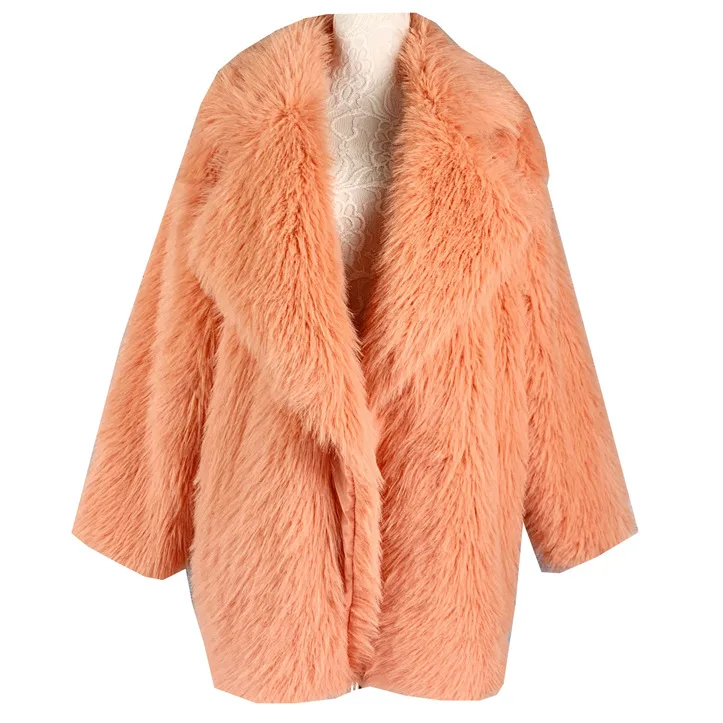Women Imitation Fox Faux Montage Jacket Lapbel Female Loose Medium Long Coat Elegant Thermal High Street Plush Coats Winter