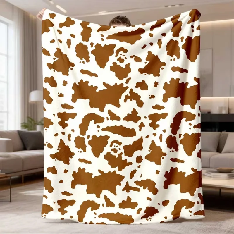 Classic Brown White Cow Spots Print Throw Blanket Vintage Cowhide Pattern Soft Warm Farm Style Home Decor Blanket For All Season
