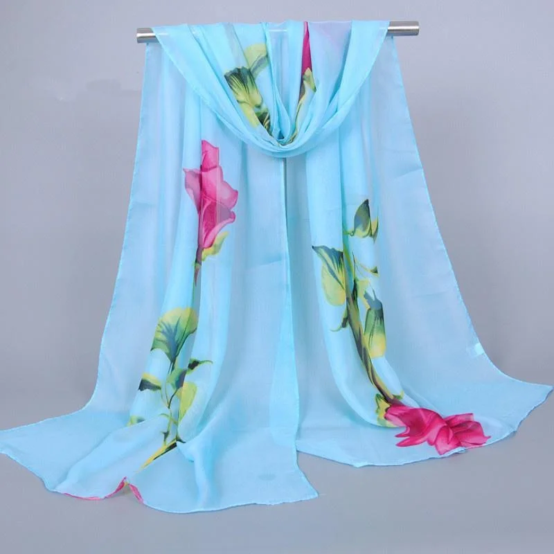 1Pc New Fashion Chiffon Silk Hijab Women's Long Soft Rose Flower Print Scarves Foulard Women Shawls view 2