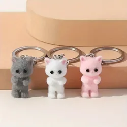 Lindo llavero de oso pequeño de gatito flocado 3D, colgante de pareja de gato de resina, auriculares, mochila, dijes, decoración de bolsa