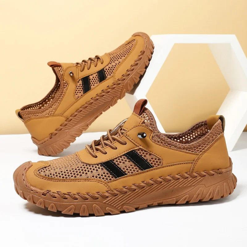 

Summer men's sports shoes, comfortable large size stitched leather mesh shoes, Korean style men's shoes