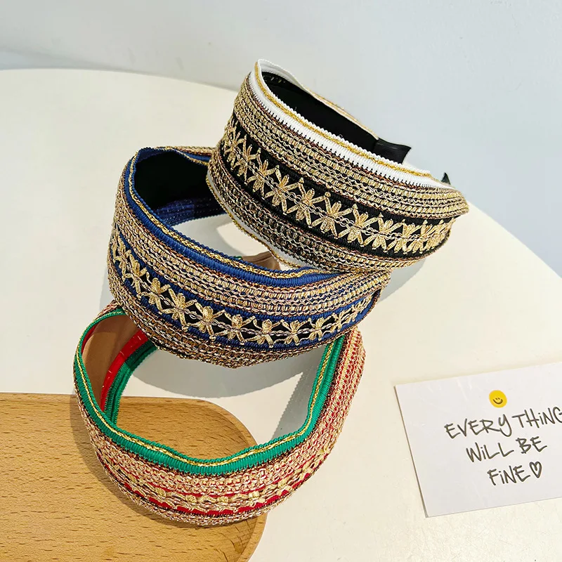 Women Girls Vintage Bohemian Embroidery Gold Glitter Knot Hairband Headband Hair Jewelry Hair Accessories