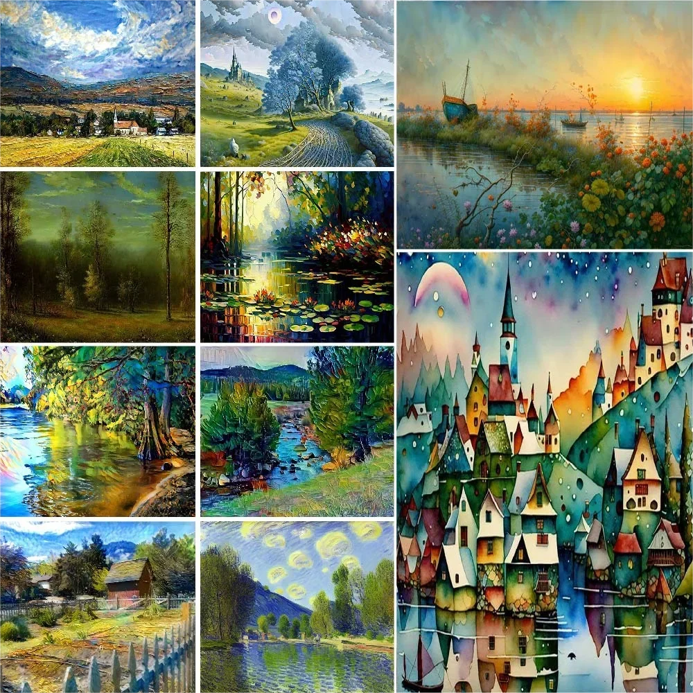 

589628 Village Picture Landscape Paintings Adults Acrylic Paint By Numbers Wall Art Painting for Living Room Home Decoration