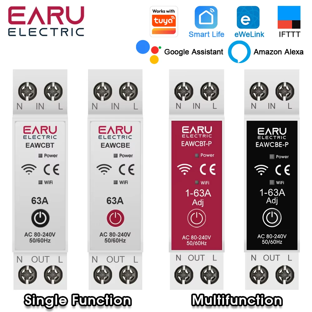 EARU Tuya EWeLink App Smart WiFi MCB Circuit Breaker Current Voltage kWh Energy Meter Protector Time Relay Switch Remote Control
