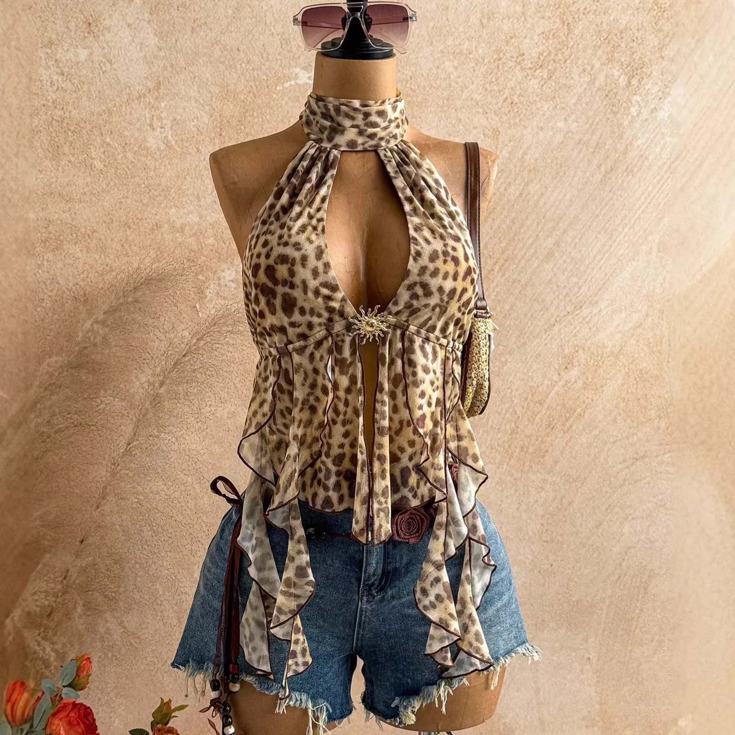 

New INS Leopard Print Slim-fit Sexy Halter Neck Tie Irregular Backless Mesh Tank Top For Women