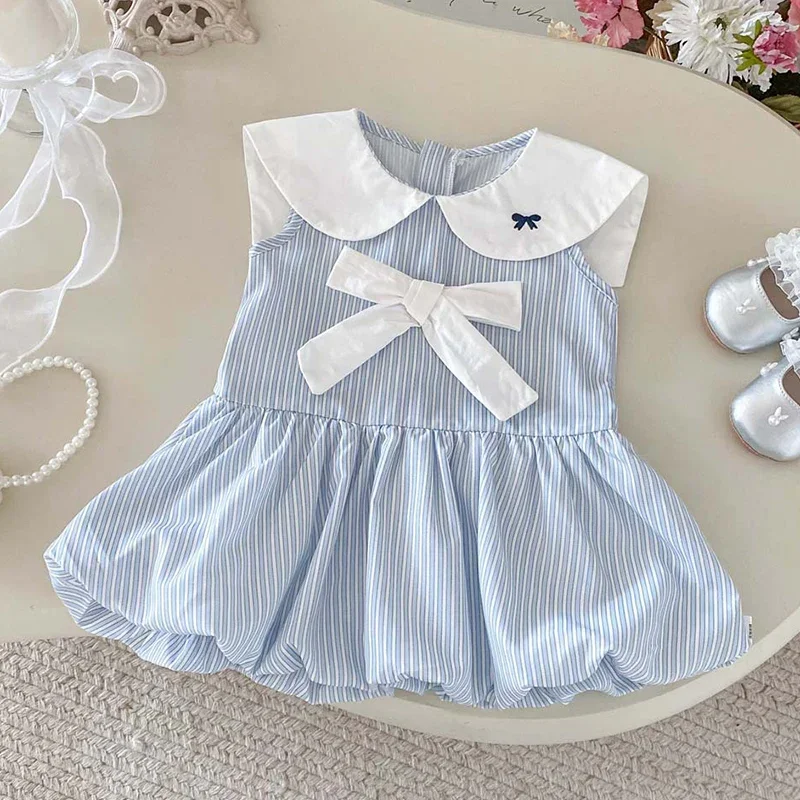 2026 New Summer Sister Clothing 1-3Yrs Baby Girl Party Dress Sleeveless Cotton Stripe Splicing Kids Princess Dresses