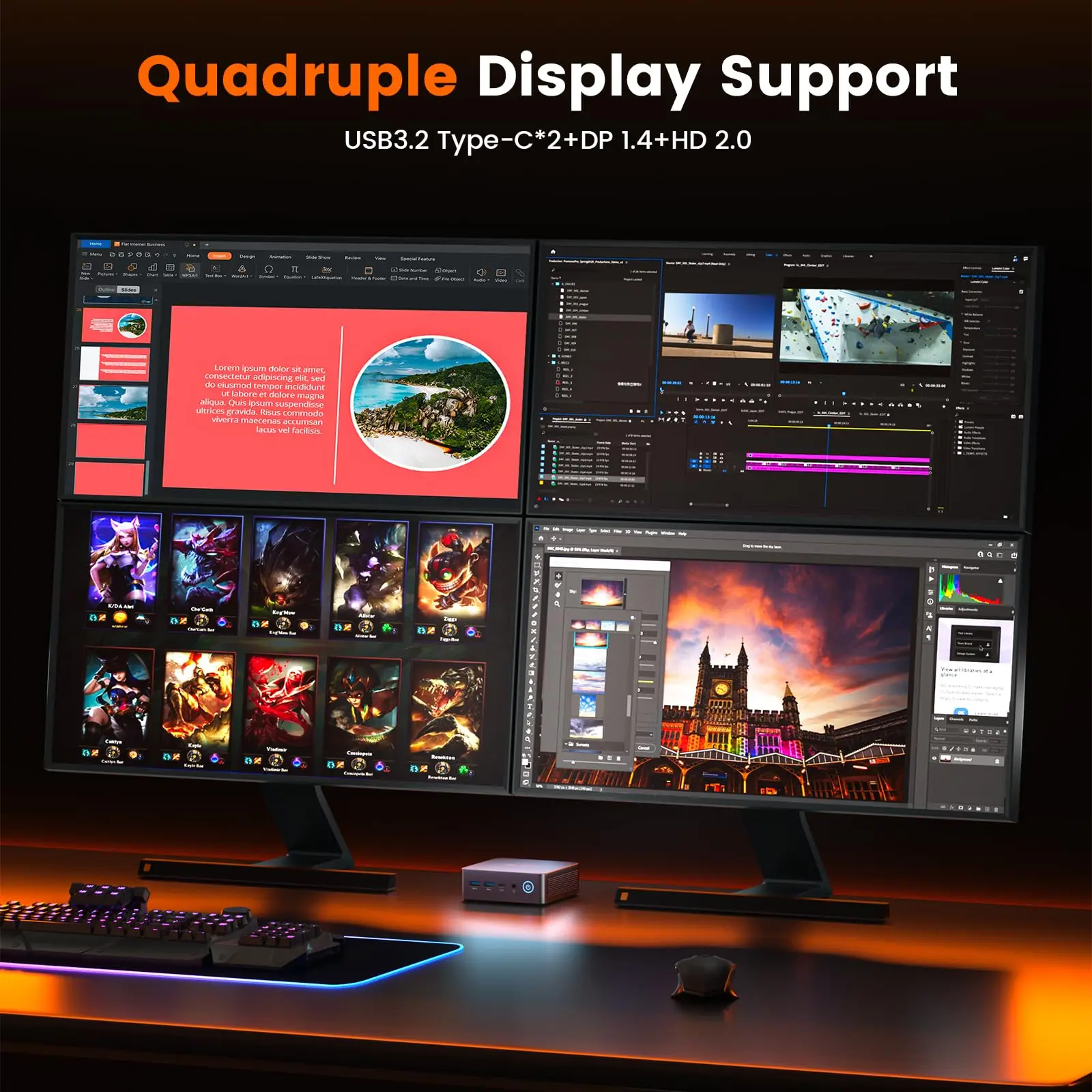 PELADN WO7 كمبيوتر صغير AMD Ryzen 7 7735U (8C/16T، حتى 4.75 جيجا هرتز) 32 جيجا بايت DDR5 + 1 تيرا بايت SSD WiFi6 BT5.2 كمبيوتر صغير بشاشة رباعية