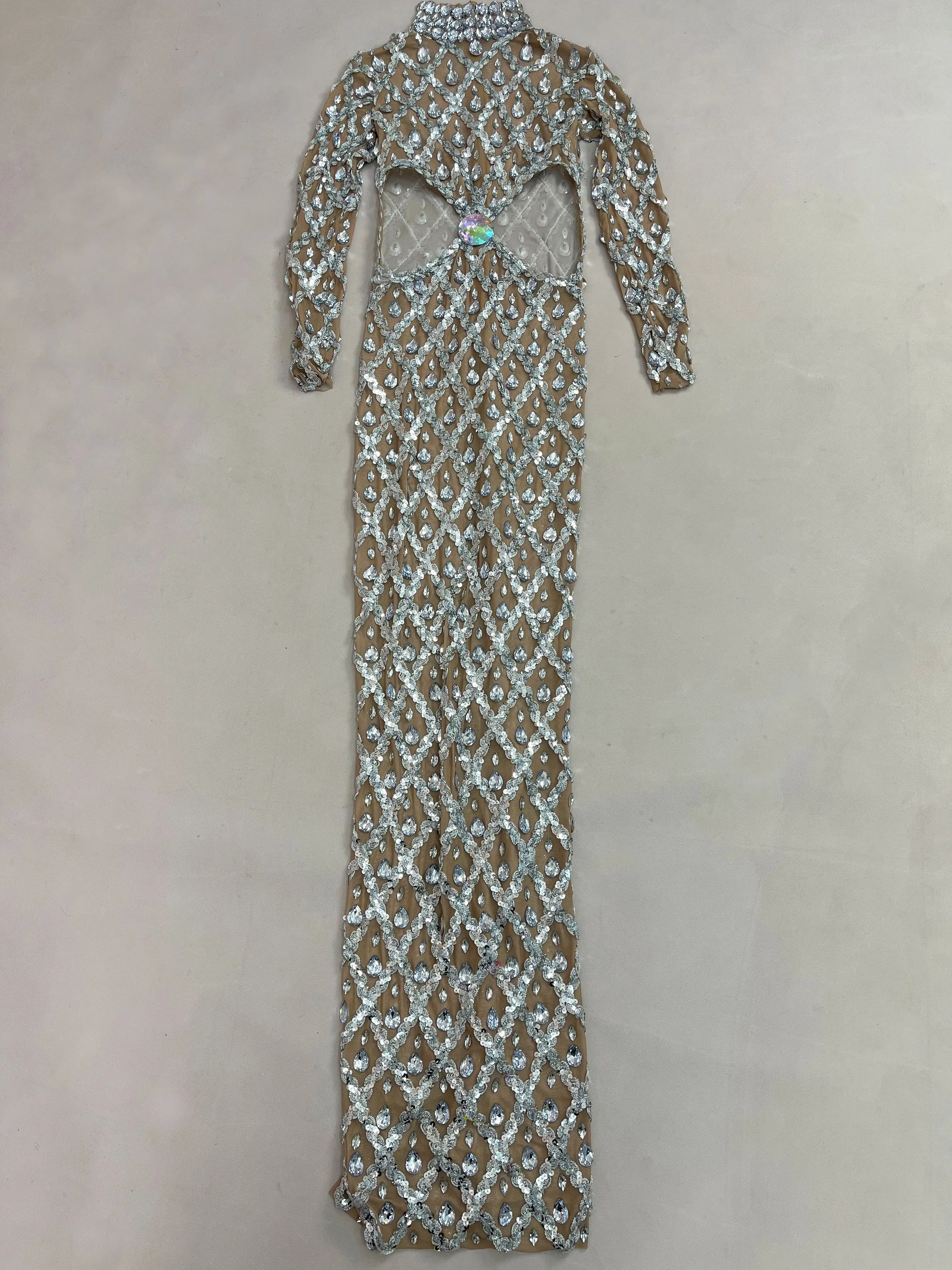 Sexy Hohltaille Transparent Mesh Sparkly Silber Strass Kleid Party Abend Feiern Outfit Modenschau Kleid Shaokaojia