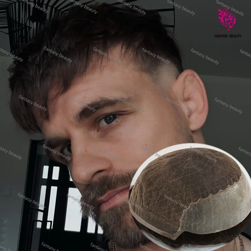 

High Quality Q6 Male Hair Prosthesis Breathable Lace & Knotted PU Man Wig Natural Ash Blonde Brown Black Human Hair Toupee Men