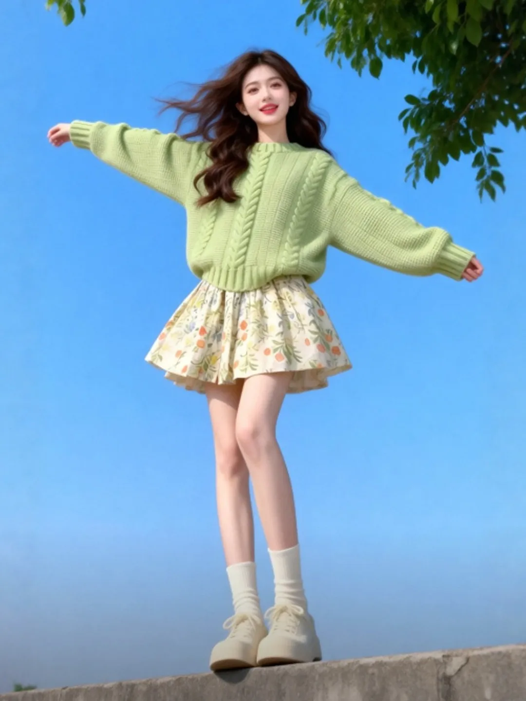 

Fashionable Floral Print Sweater Dress Two-Piece Set Youthful Spring Collection Comfortable Cotton Material Casual Wear