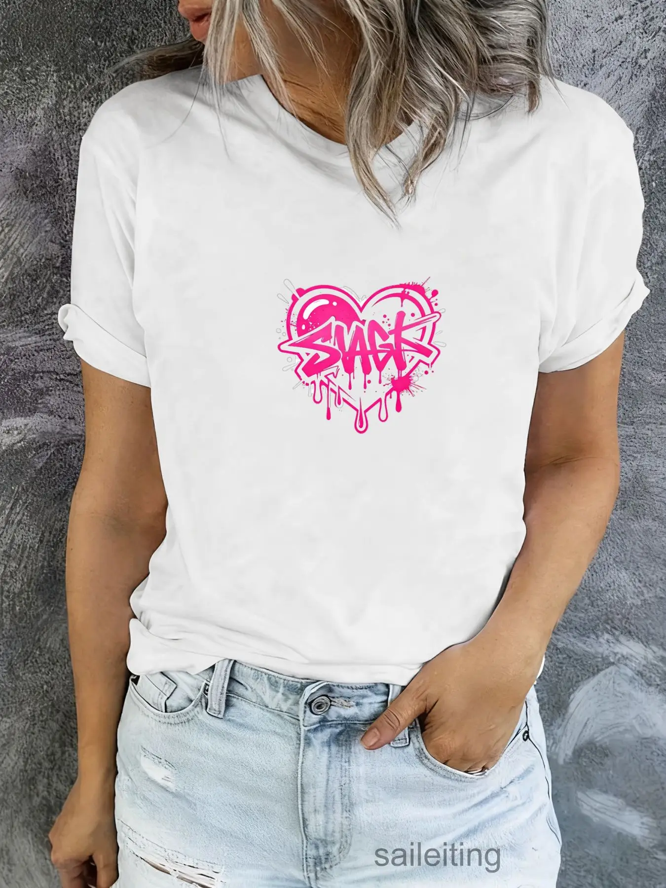 SAX Heart Graffiti T-Shirt Men Women Vintage Streetwear Urban Dripping Paint Tee Casual Rolled Sleeve Short Sleeve Summer Bre